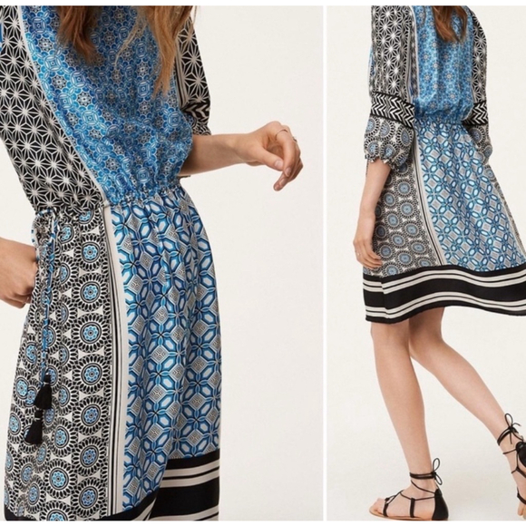 LOFT Tassel Boho Dress Size L Blue Geometric mosaic Tie - Picture 2 of 9